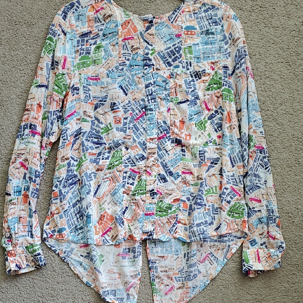 Maeve By Anthropologie Women's Multicolor Graphic Print Map Shirt Blouse Sz 8 - Picture 11 of 15